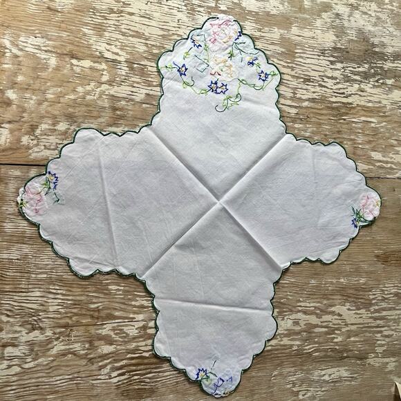 Vintage Bread Basket Liner Hand Embroidered Appliqué Flowers Linen Cottagecore - Picture 9 of 12